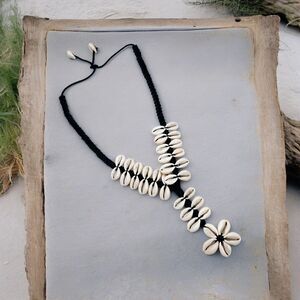 Cowrie Shell Beach Necklace Braided Black Cord Flower Y Drop Statement Jewelry